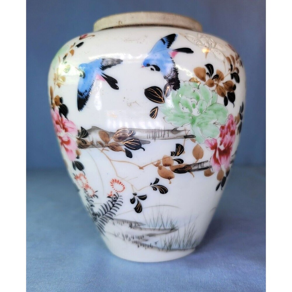 Oriental Vase Flowers & Birds Hand Painted Kutani Style Ginger Jar Japan 5.5''